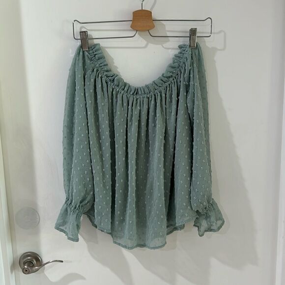 H&M DIVIDED off shoulder top light green chiffon crepe lined sheer sleeves top 6 - Picture 2 of 7